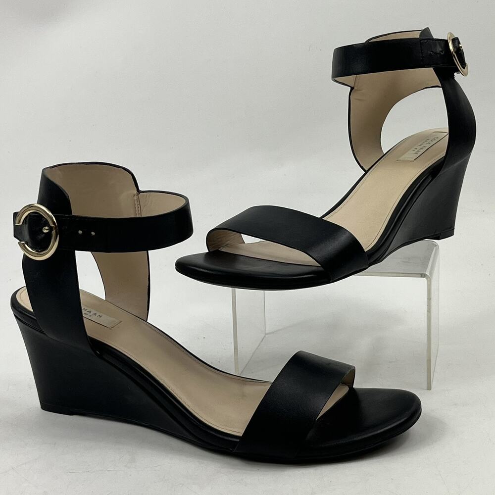 Cole Haan Grand L17-BT Womens Wedge Sandals 7.5B Black Leather Ankle Strap